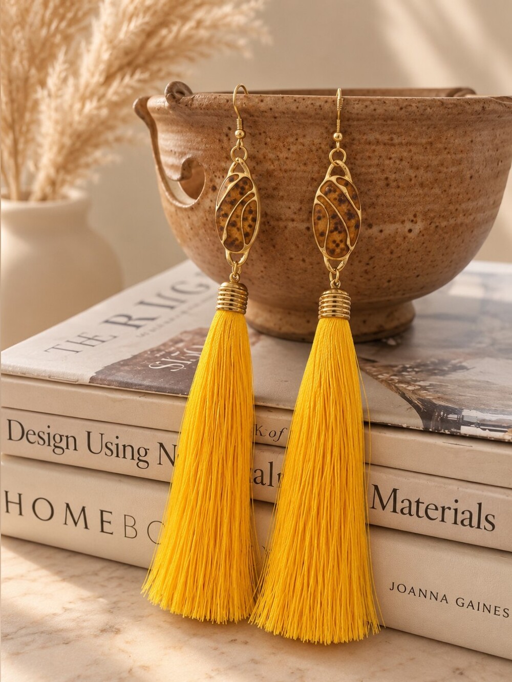 Crown & Clay Boho Mustard Yellow Tassel Earrings